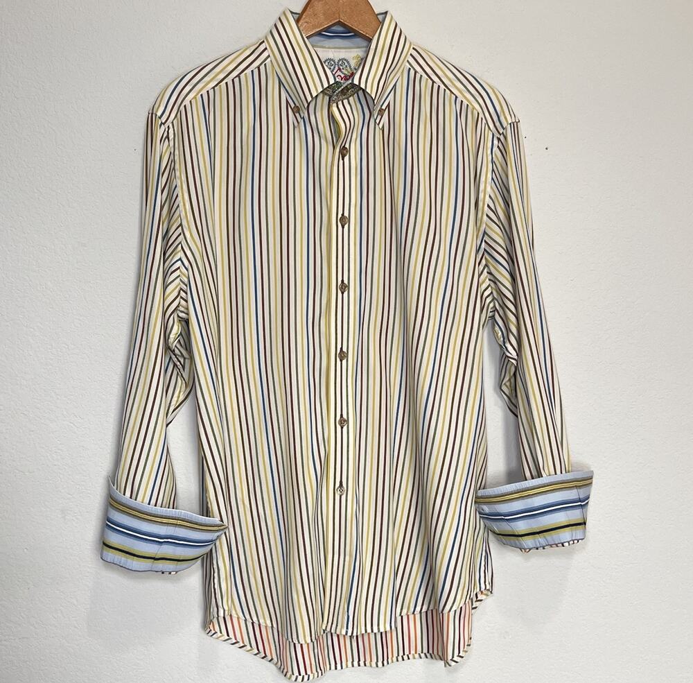 Robert Graham Shirt Men’s Size L Striped Button Long Sleeve Flip Cuff Statement